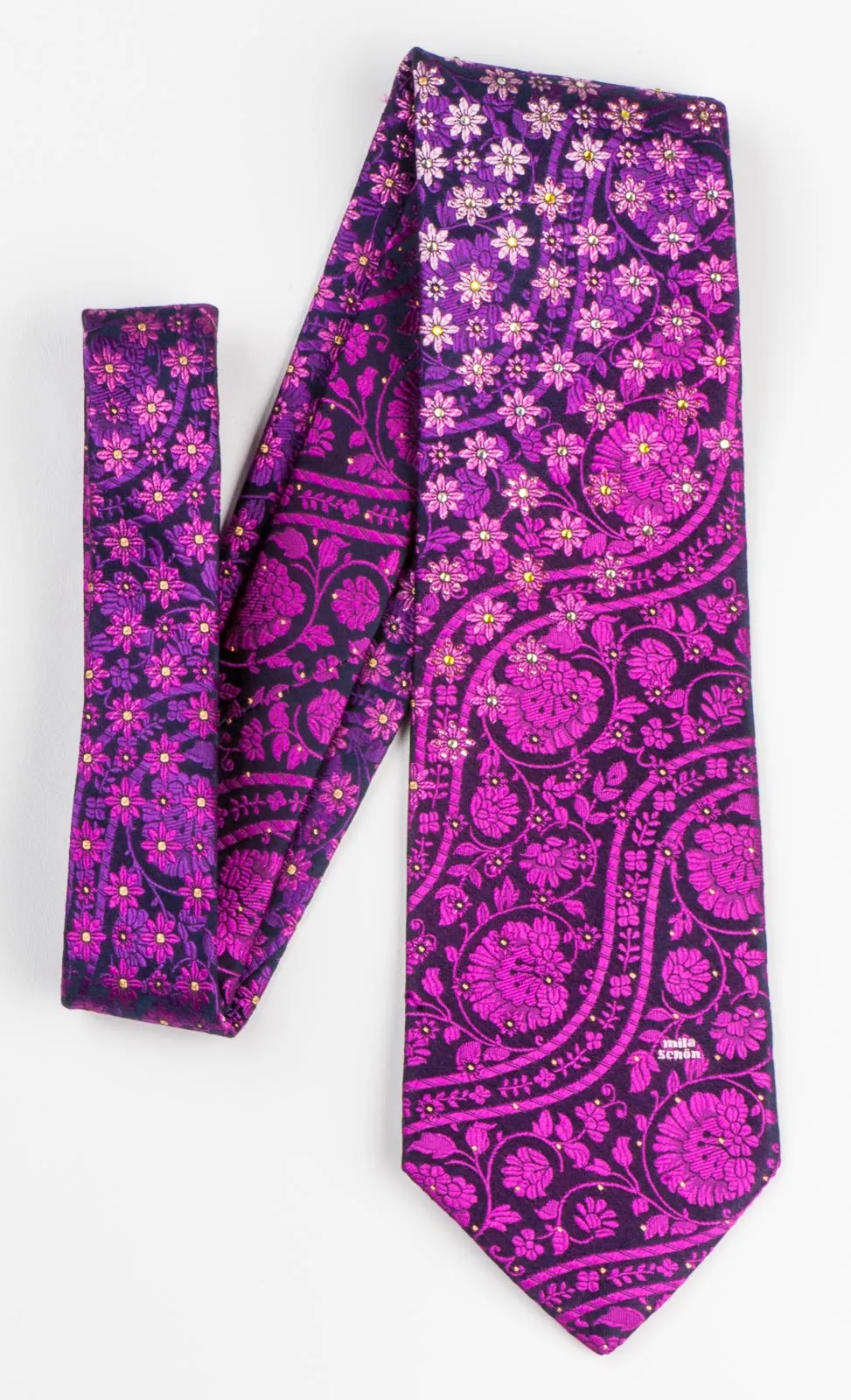 Mila Schon Neck Tie With Rhinestones Pink  Purple Floral On Purple 3 1/2 Inch