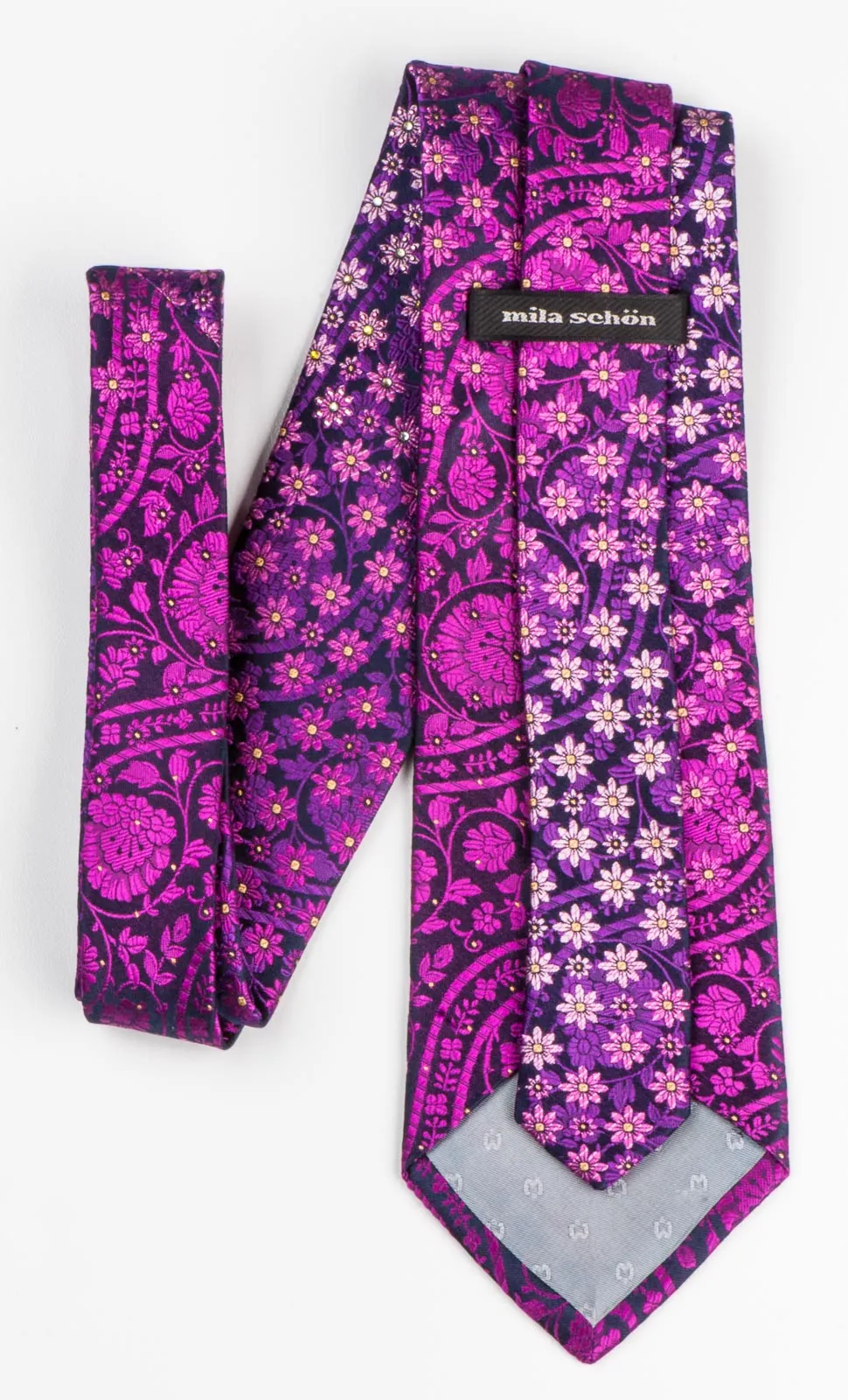 Mila Schon Neck Tie With Rhinestones Pink  Purple Floral On Purple 3 1/2 Inch