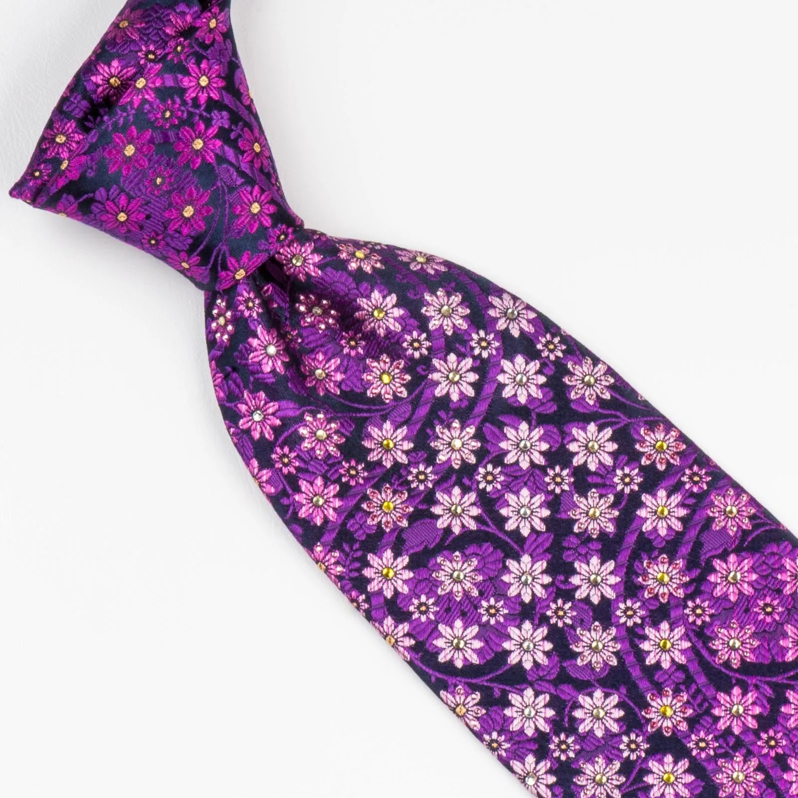 Mila Schon Neck Tie With Rhinestones Pink  Purple Floral On Purple 3 1/2 Inch
