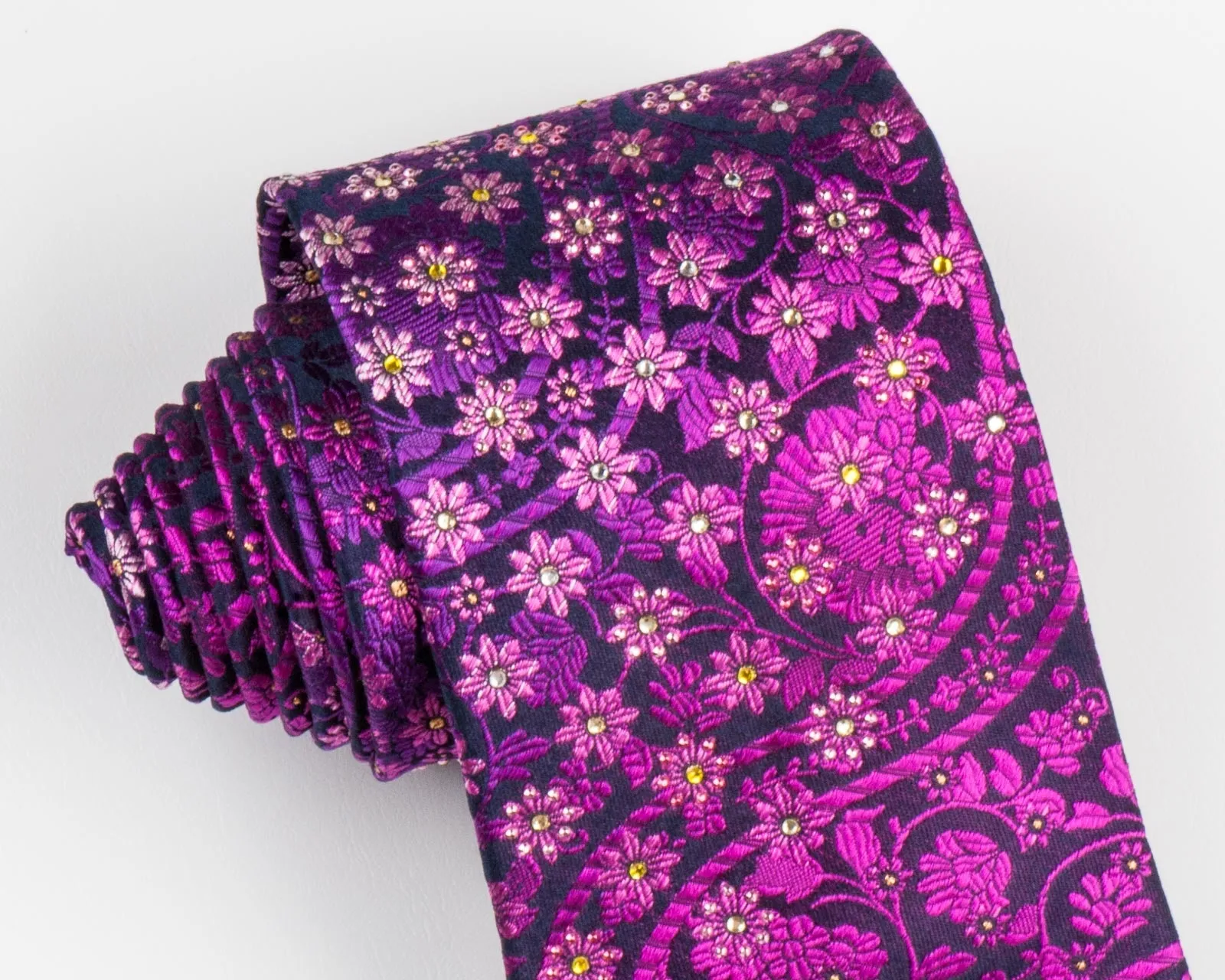 Mila Schon Neck Tie With Rhinestones Pink  Purple Floral On Purple 3 1/2 Inch