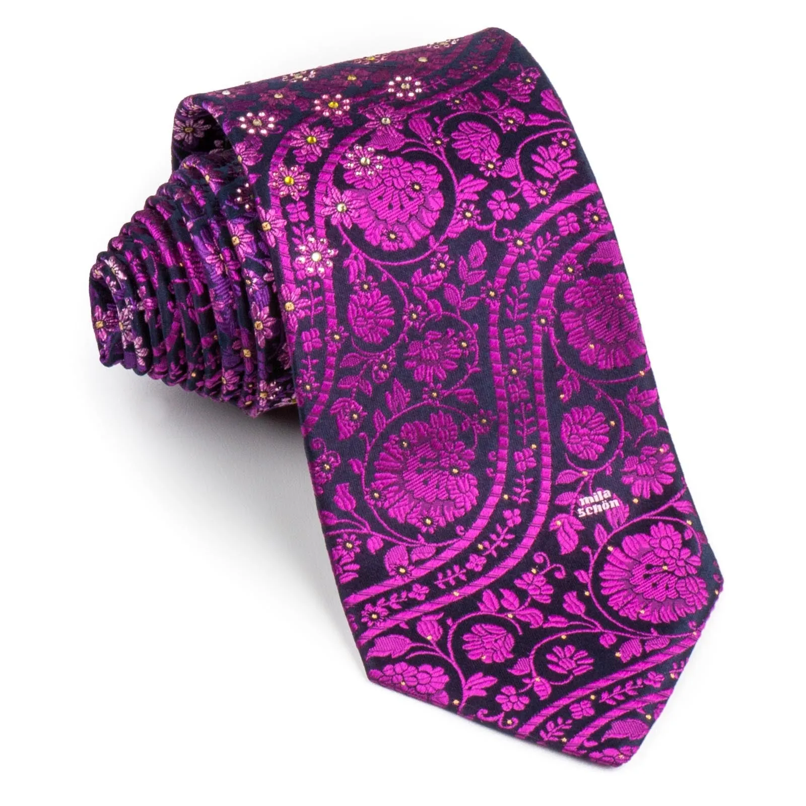 Mila Schon Neck Tie With Rhinestones Pink  Purple Floral On Purple 3 1/2 Inch