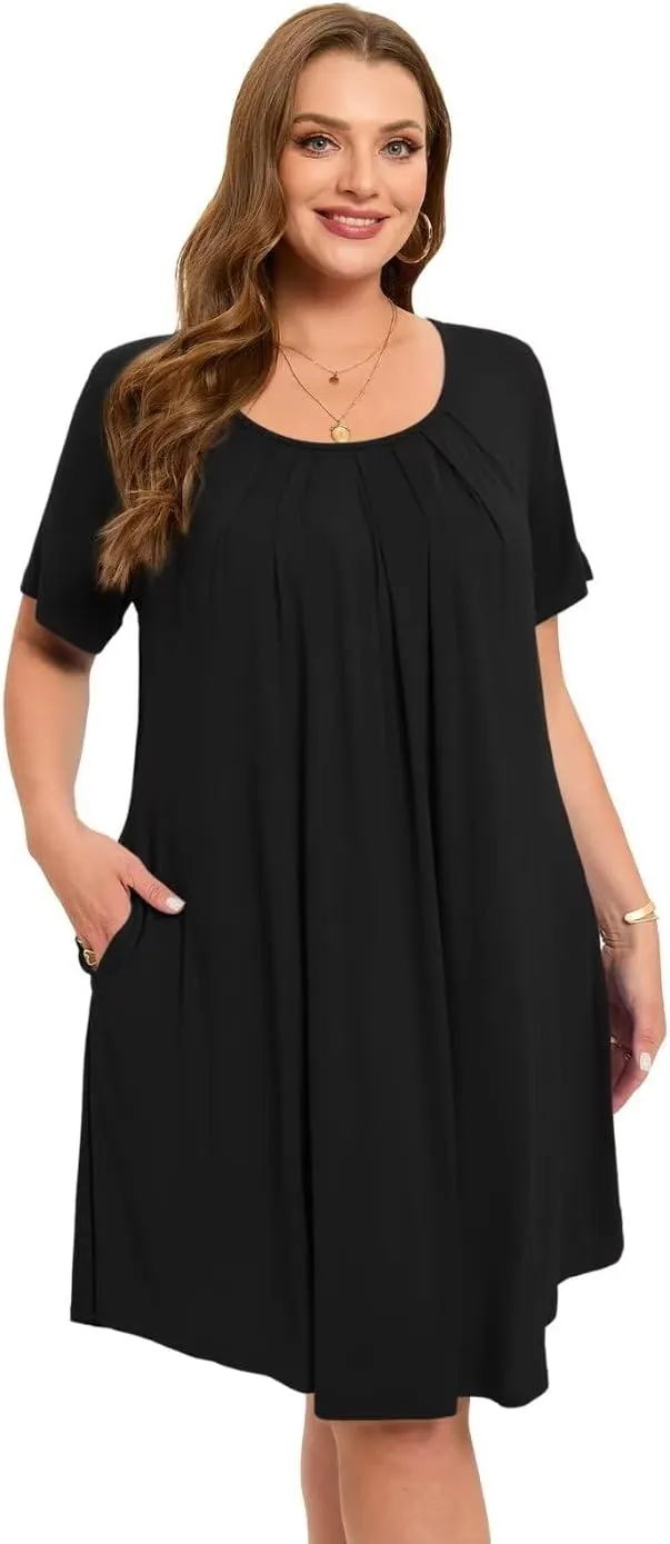 MONNURO Womens Plus Size Summer Dresses Casual Pleated Front Short Sleeve Swing Tunic Tshirt Dress with Pockets