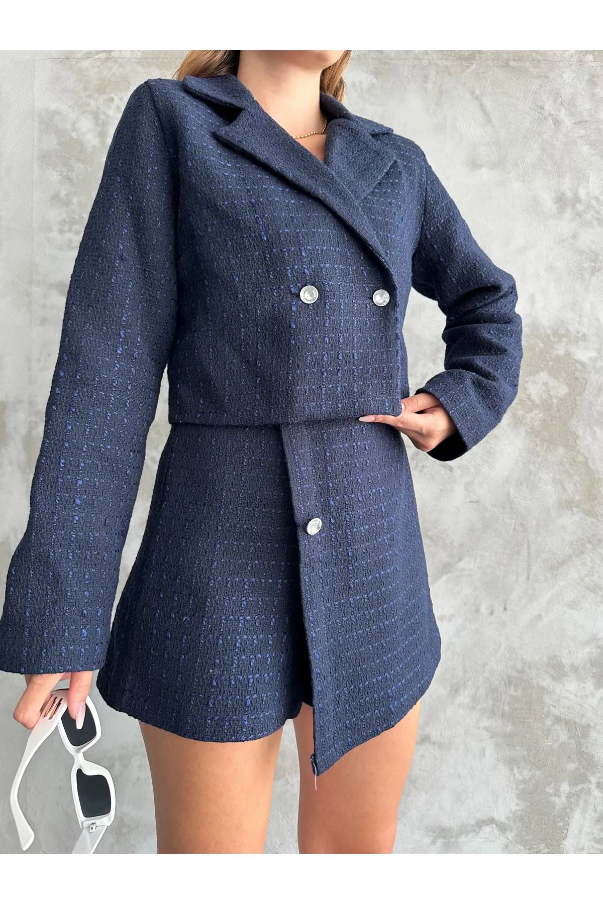 MXM Women TWEED SHORTS SKIRT SUIT WITH LAPEL NECKLINE - Salina Cruz