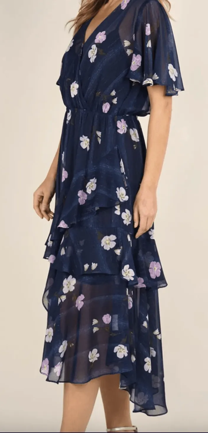 Navy Floral Print dress with ruffles LS 71717WL