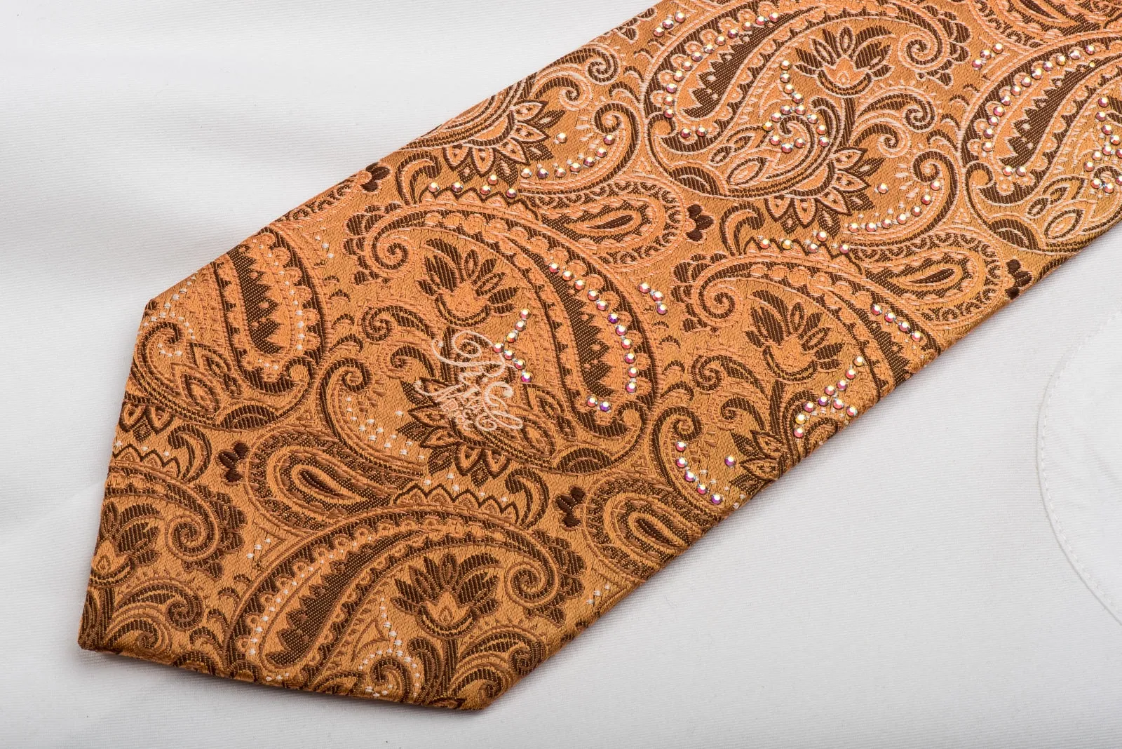 Nina Ricci Men's Silk Necktie Paisley On Golden Orange Sparkling With Rhinestones