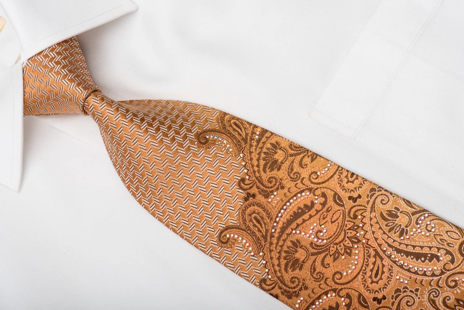 Nina Ricci Men's Silk Necktie Paisley On Golden Orange Sparkling With Rhinestones
