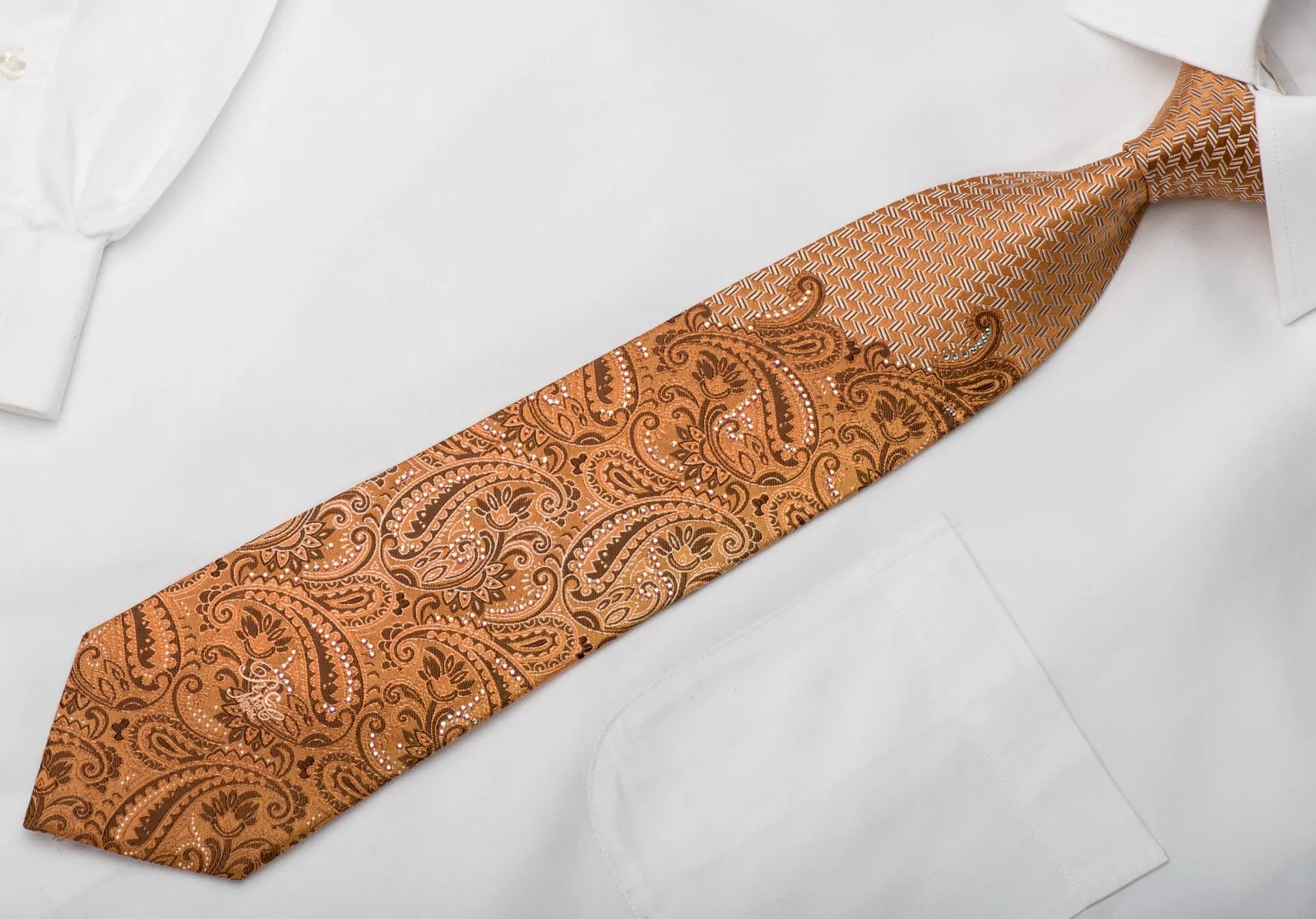 Nina Ricci Men's Silk Necktie Paisley On Golden Orange Sparkling With Rhinestones