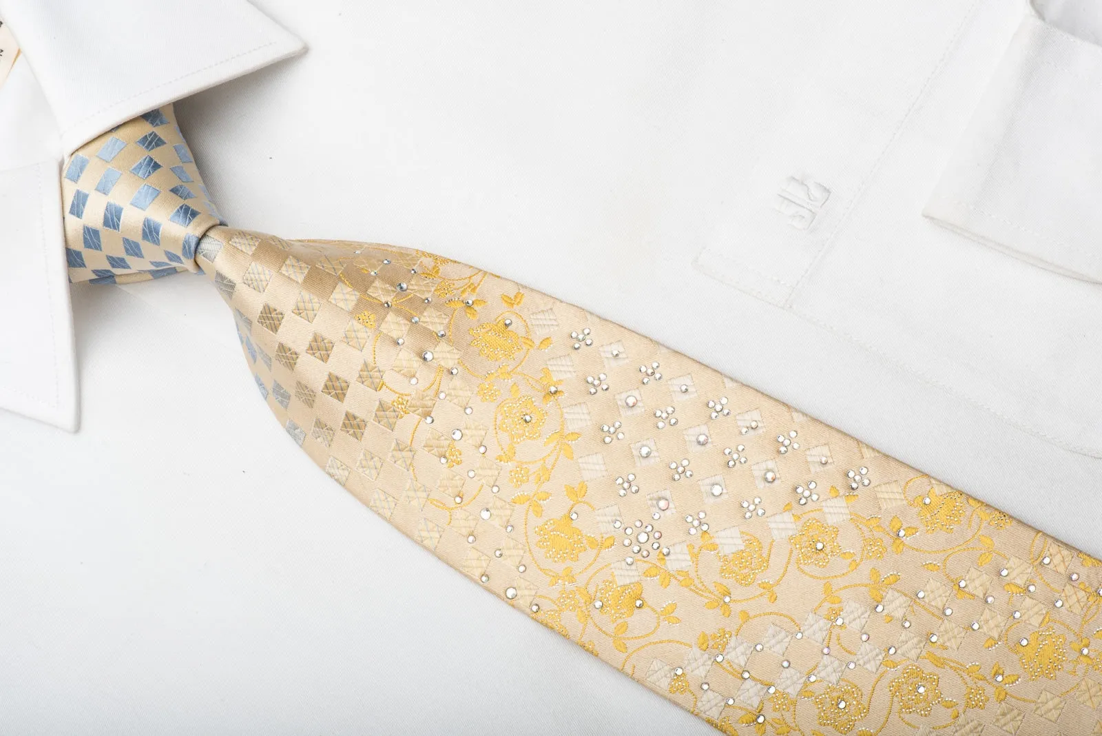 Park Land Men's Silk Necktie Floral Checker On Gold Sparkling With Rhinestones