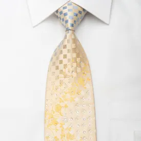 Park Land Men's Silk Necktie Floral Checker On Gold Sparkling With Rhinestones