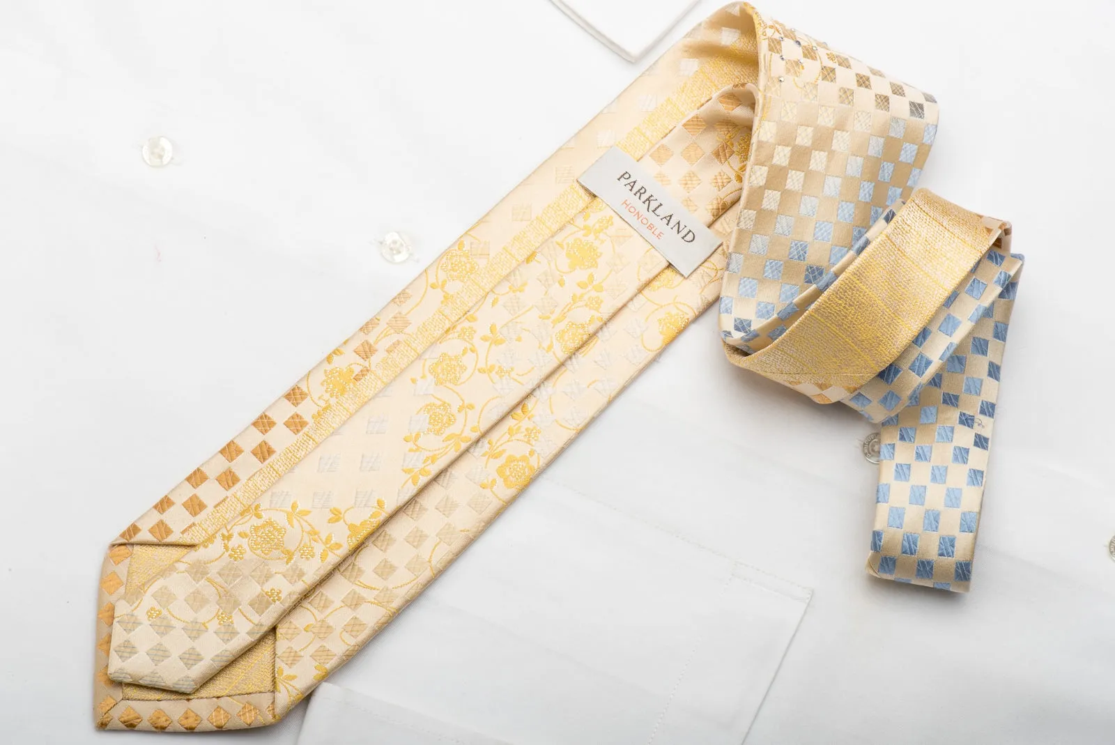 Park Land Men's Silk Necktie Floral Checker On Gold Sparkling With Rhinestones