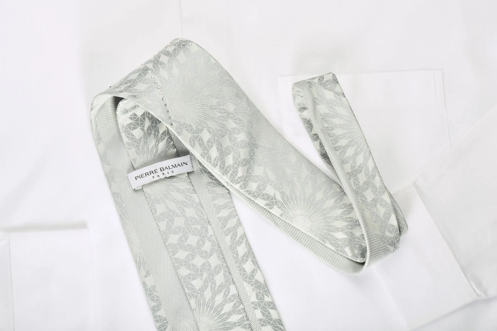 Pierre Balmain Silk Necktie Geometric On Silver With Rhinestones
