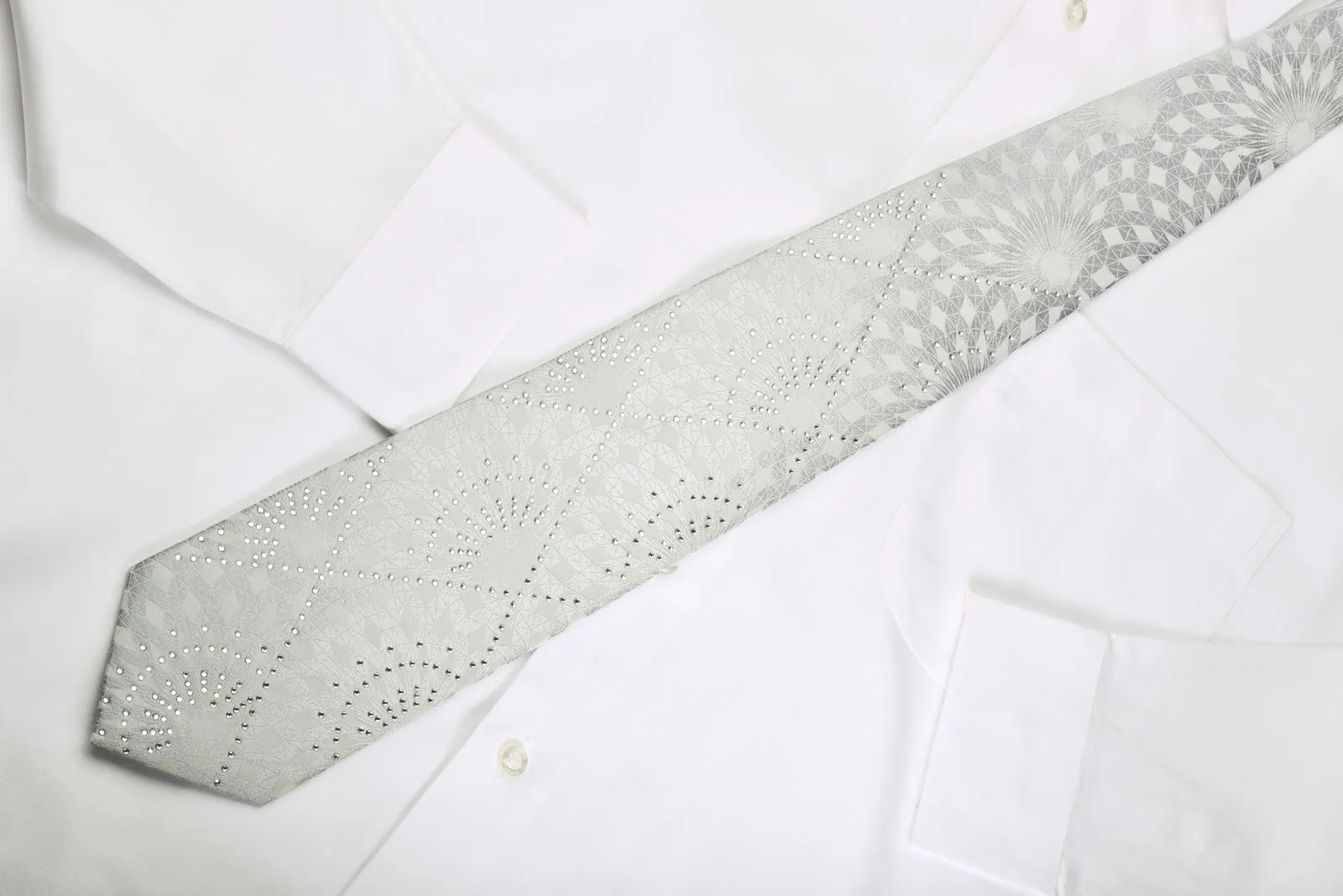Pierre Balmain Silk Necktie Geometric On Silver With Rhinestones