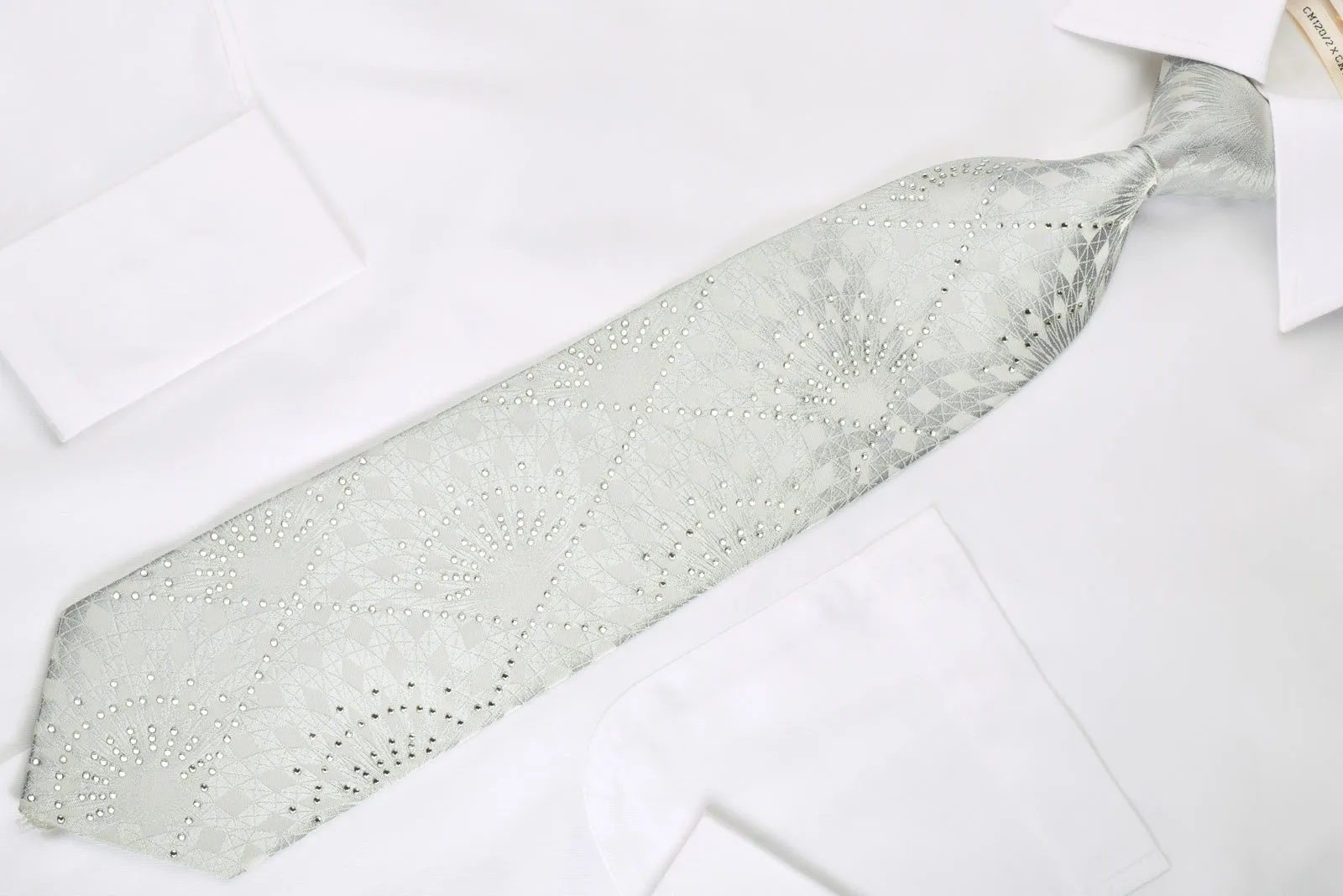 Pierre Balmain Silk Necktie Geometric On Silver With Rhinestones