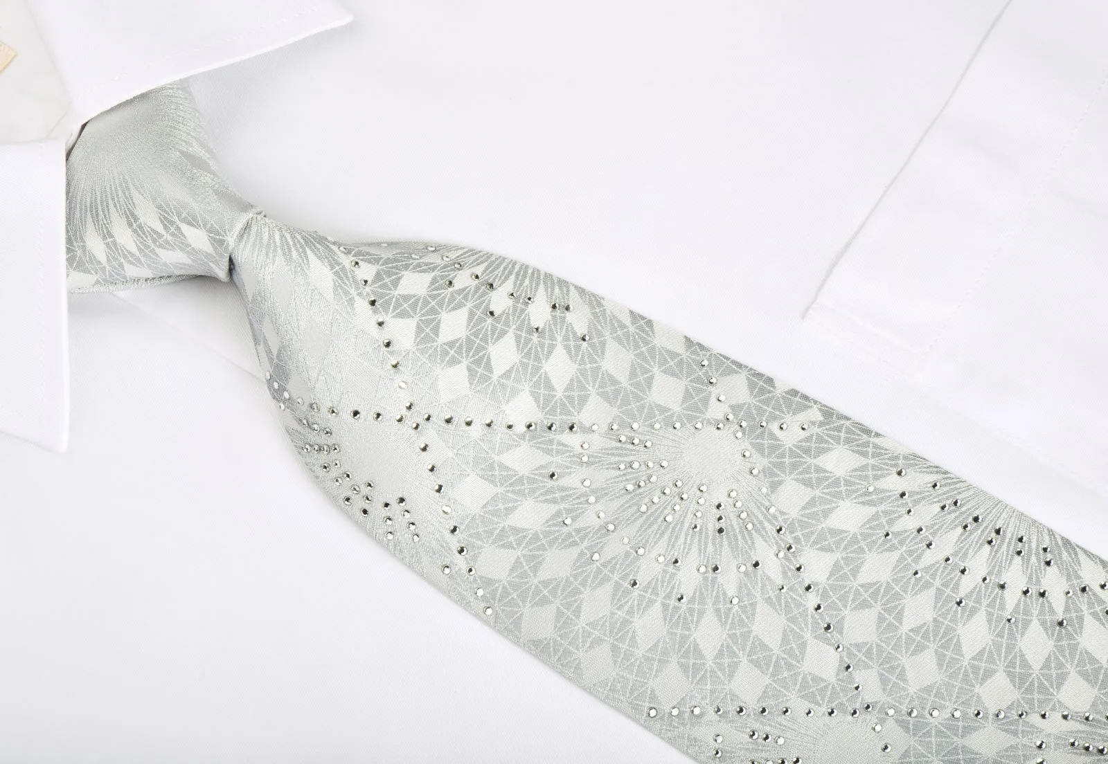 Pierre Balmain Silk Necktie Geometric On Silver With Rhinestones