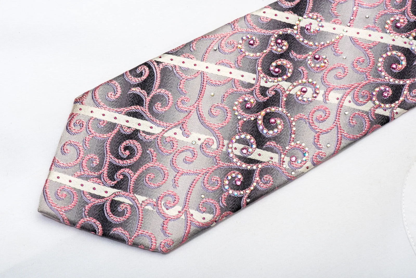 Pierre Cardin Men's Rhinestone Silk Necktie Pink Scrolls On Silver With Sparkles
