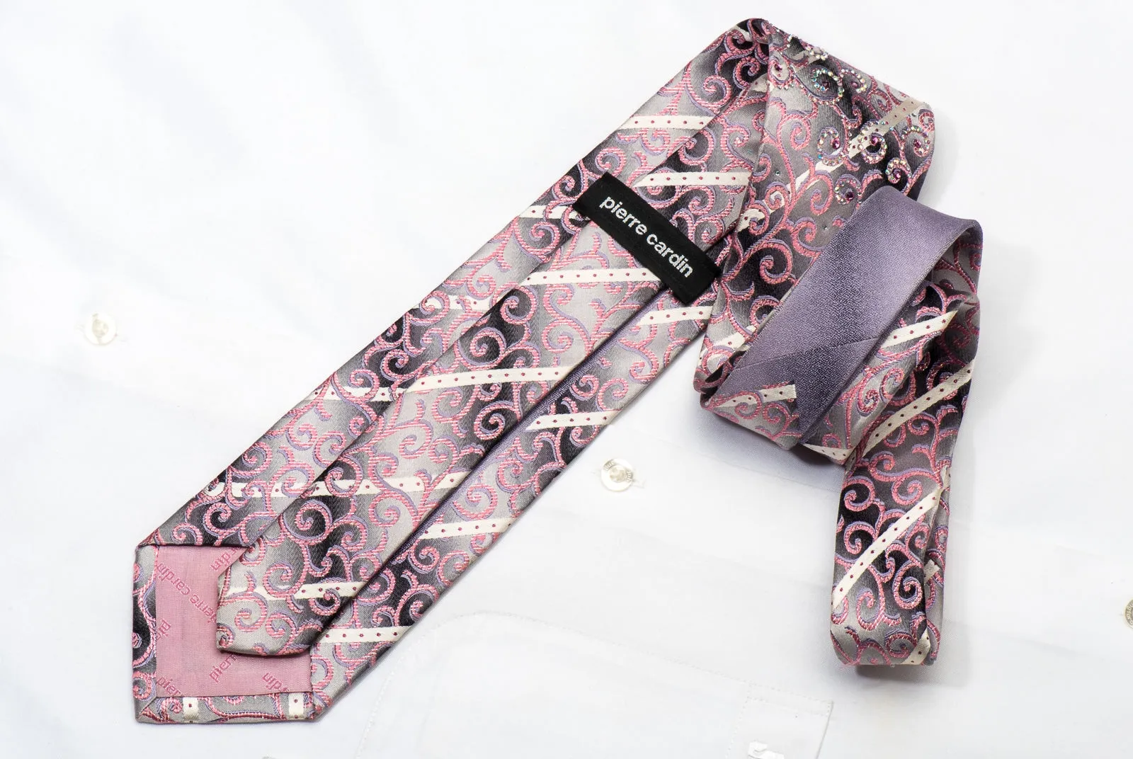 Pierre Cardin Men's Rhinestone Silk Necktie Pink Scrolls On Silver With Sparkles