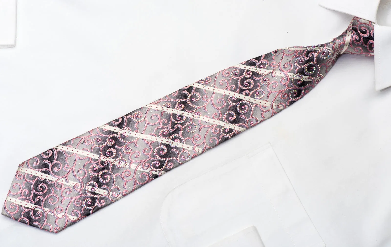 Pierre Cardin Men's Rhinestone Silk Necktie Pink Scrolls On Silver With Sparkles