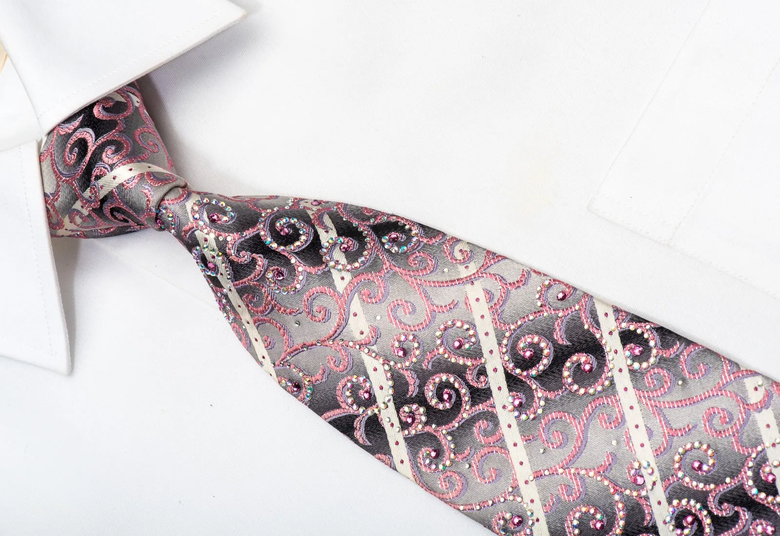 Pierre Cardin Men's Rhinestone Silk Necktie Pink Scrolls On Silver With Sparkles