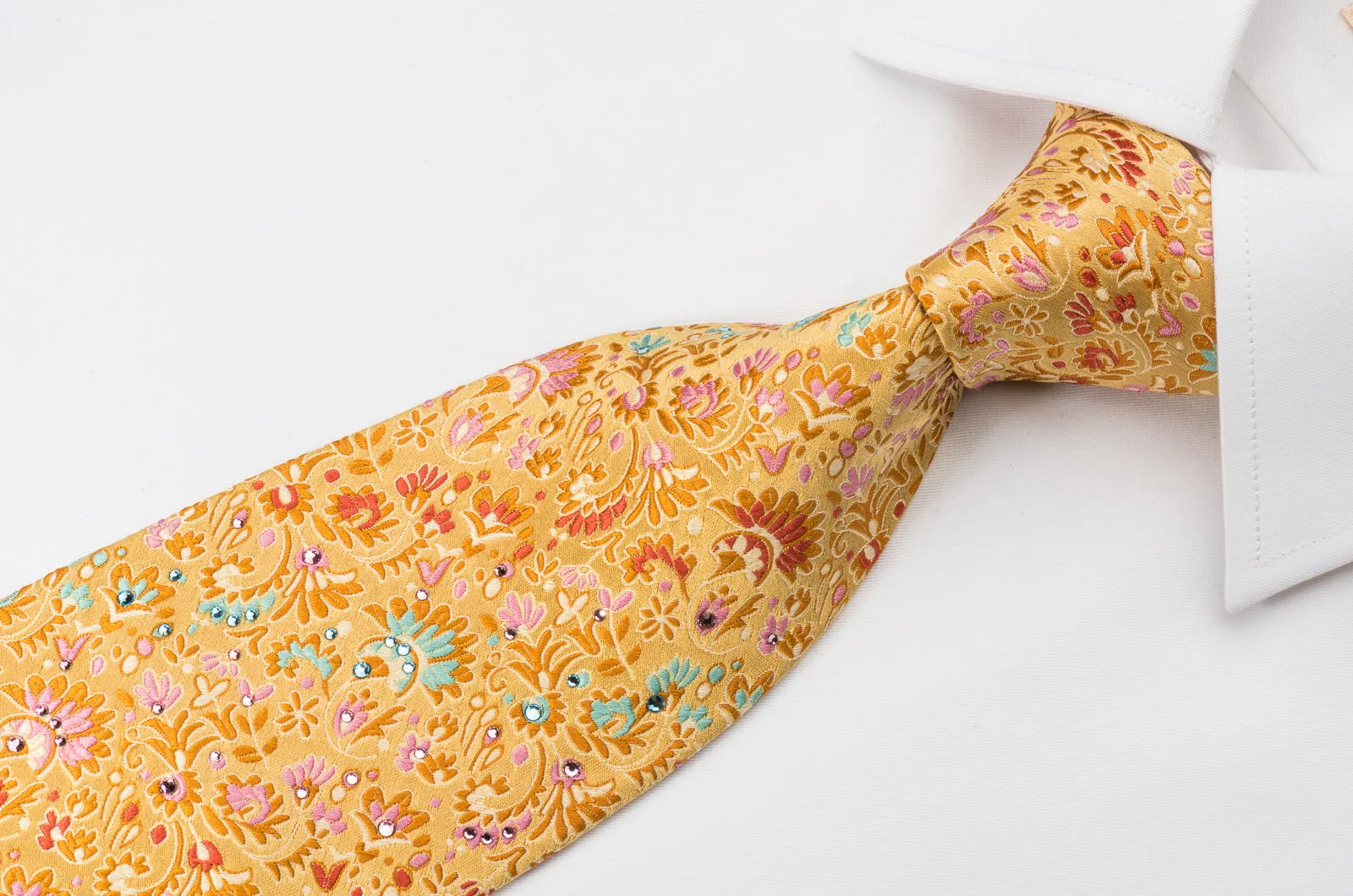 Pierre Cardin Silk Tie Floral On Orange With Crystal Rhinestones