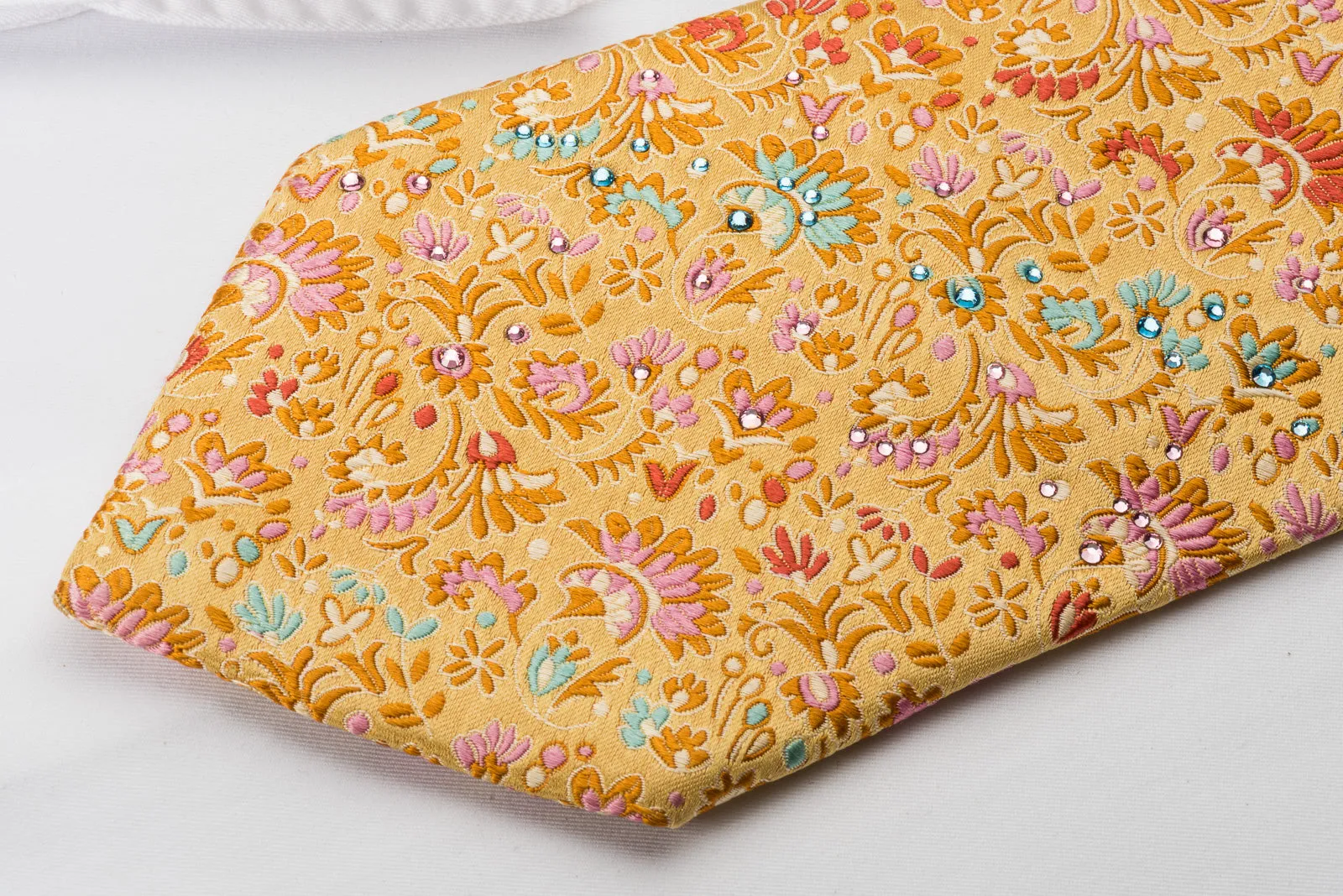 Pierre Cardin Silk Tie Floral On Orange With Crystal Rhinestones