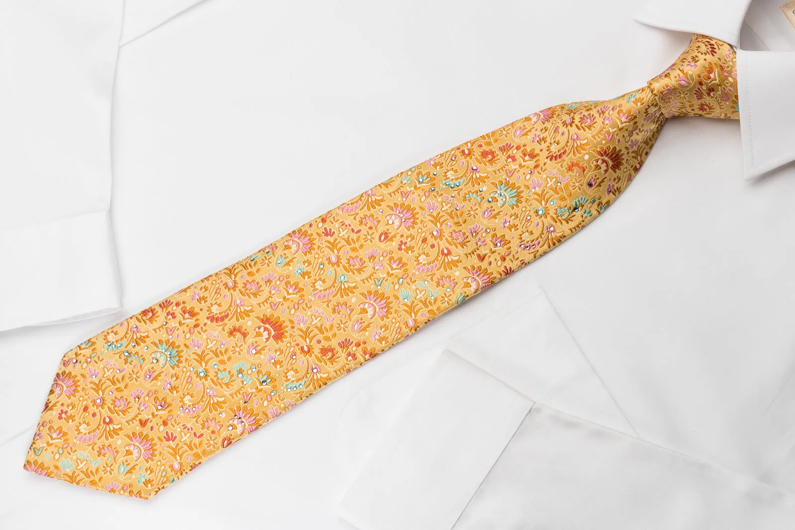 Pierre Cardin Silk Tie Floral On Orange With Crystal Rhinestones