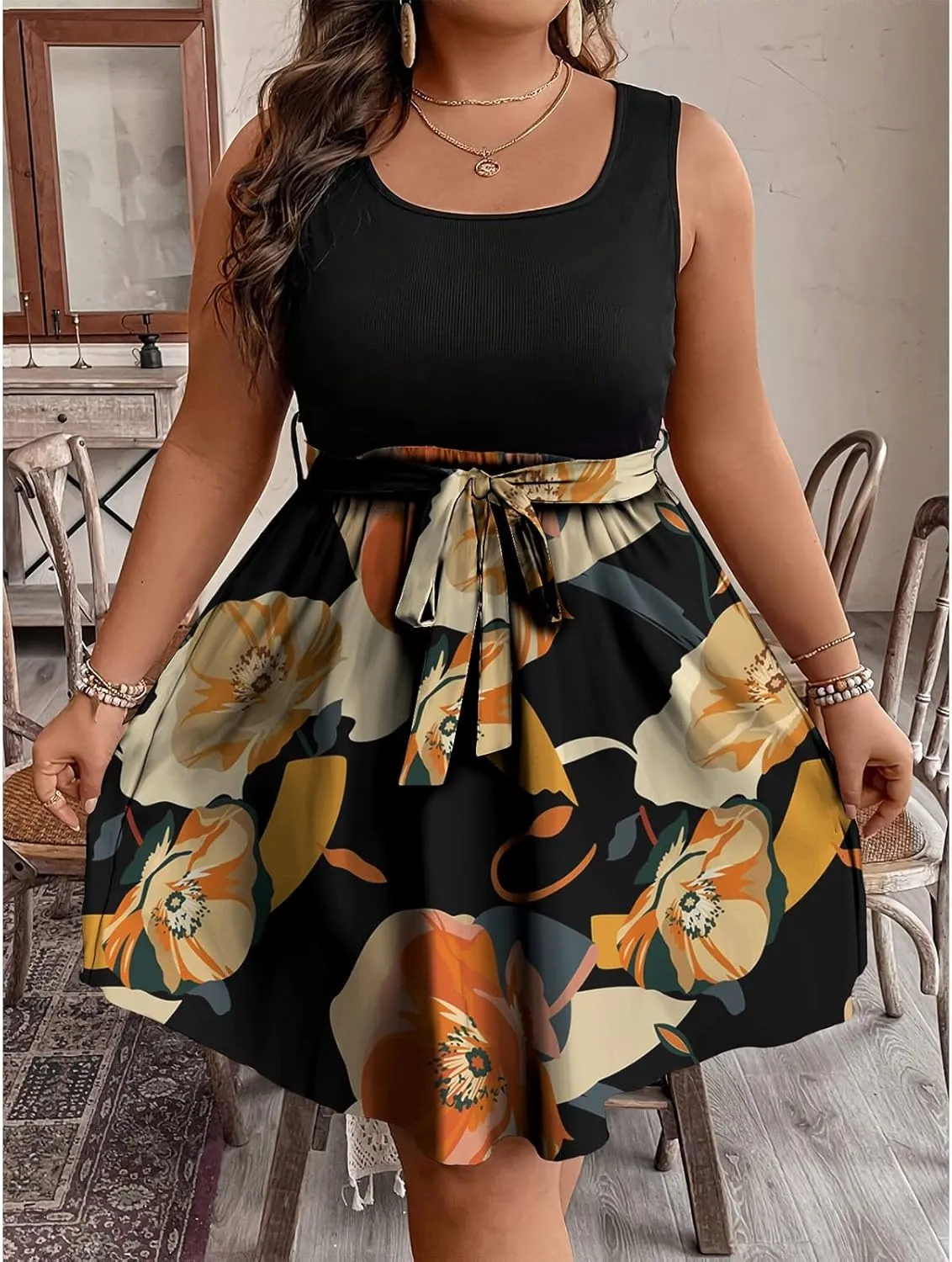 Plus Size Summer Sundress for Women Empire Waist Sleeveless Semi Formal Floral Dress Midi Length Belted Dresses