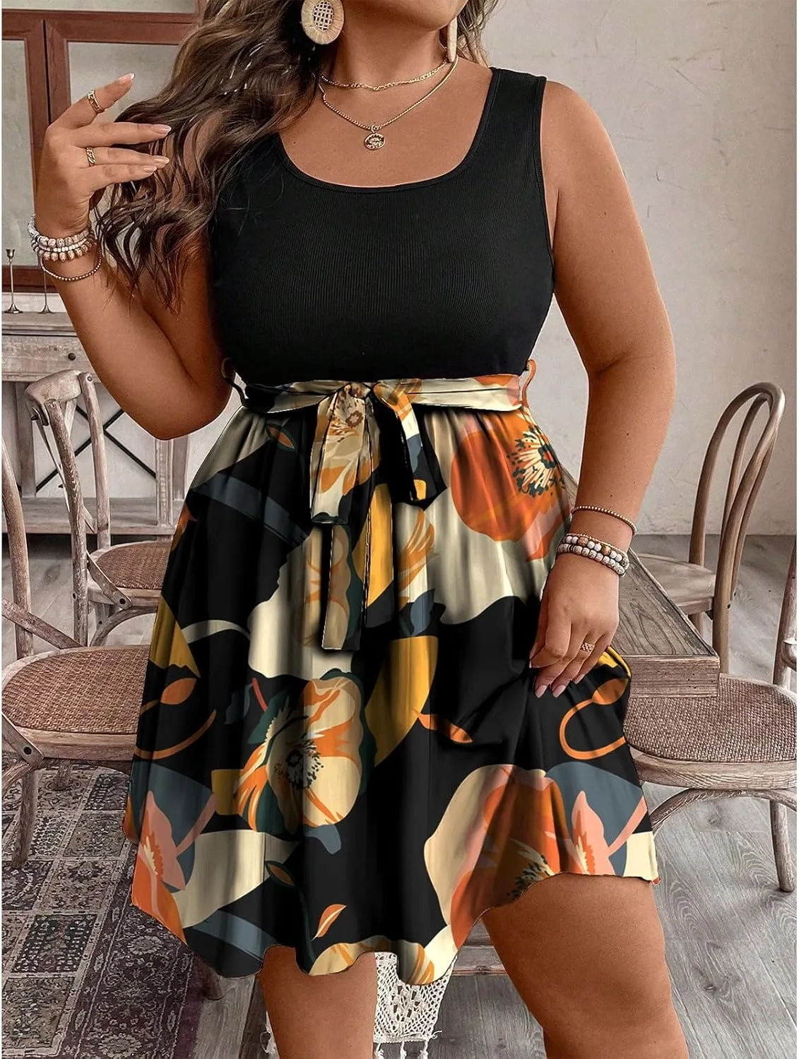 Plus Size Summer Sundress for Women Empire Waist Sleeveless Semi Formal Floral Dress Midi Length Belted Dresses