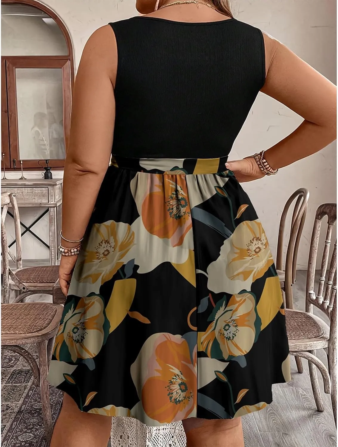 Plus Size Summer Sundress for Women Empire Waist Sleeveless Semi Formal Floral Dress Midi Length Belted Dresses