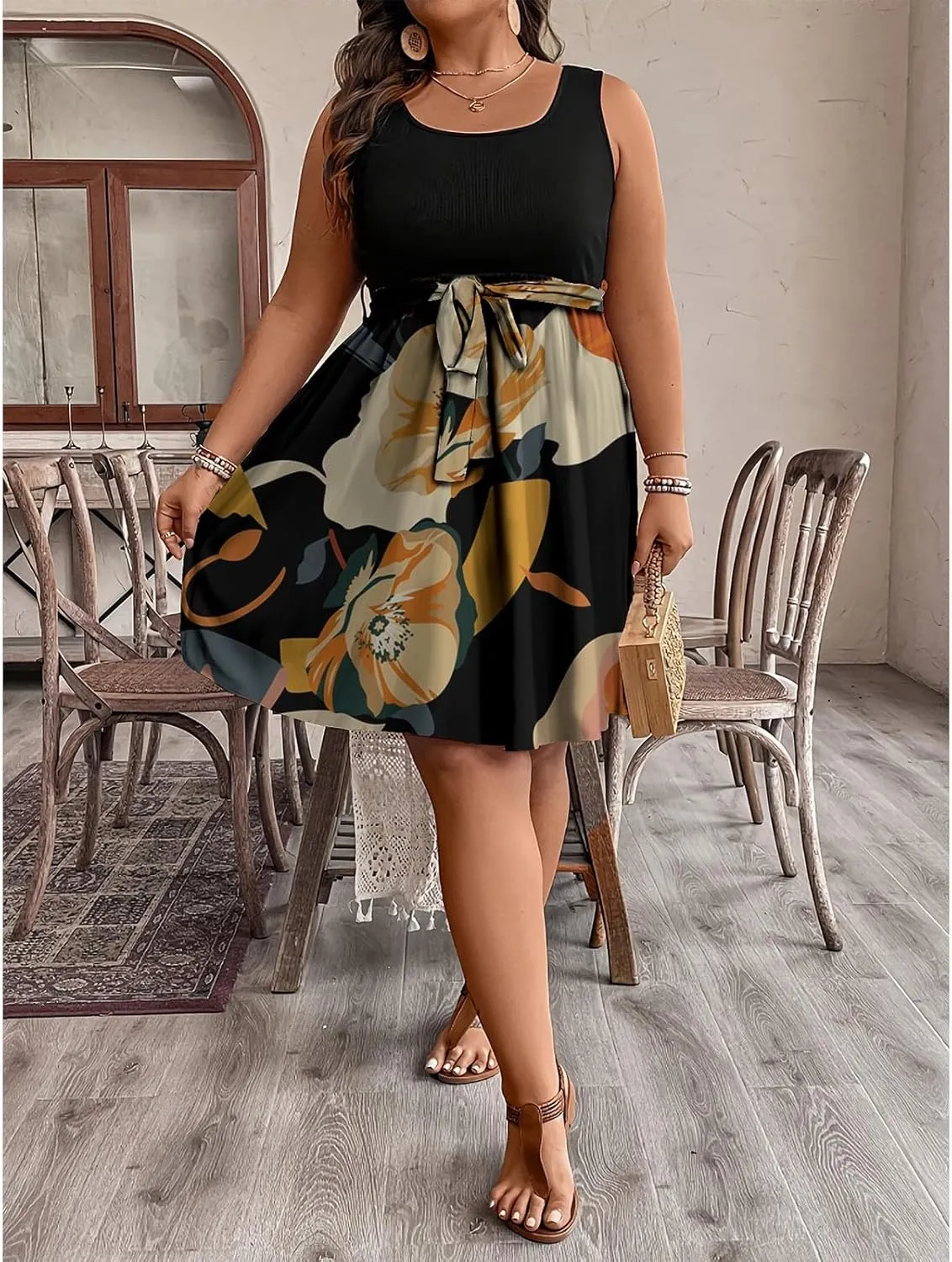 Plus Size Summer Sundress for Women Empire Waist Sleeveless Semi Formal Floral Dress Midi Length Belted Dresses