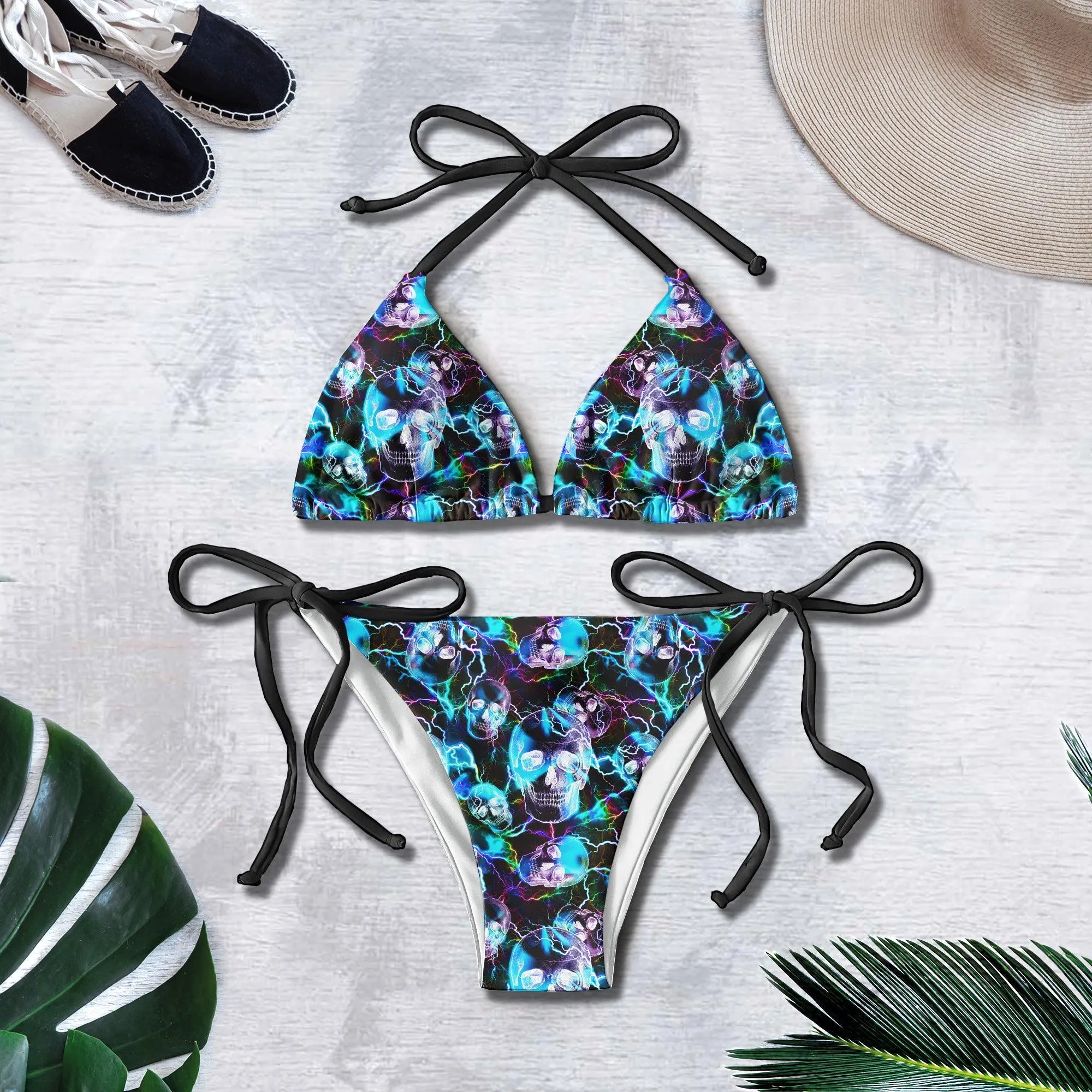 Radiant Rainbow Thunder Skull Pattern Micro Triangle Bikini Swimsuit