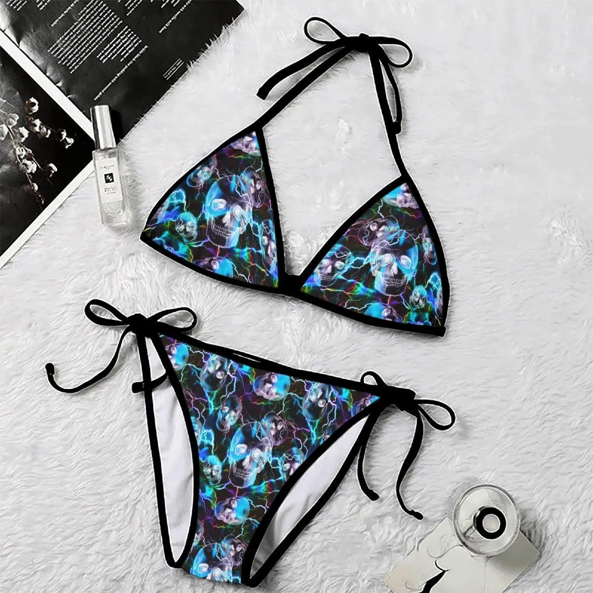 Radiant Rainbow Thunder Skull Pattern Micro Triangle Bikini Swimsuit
