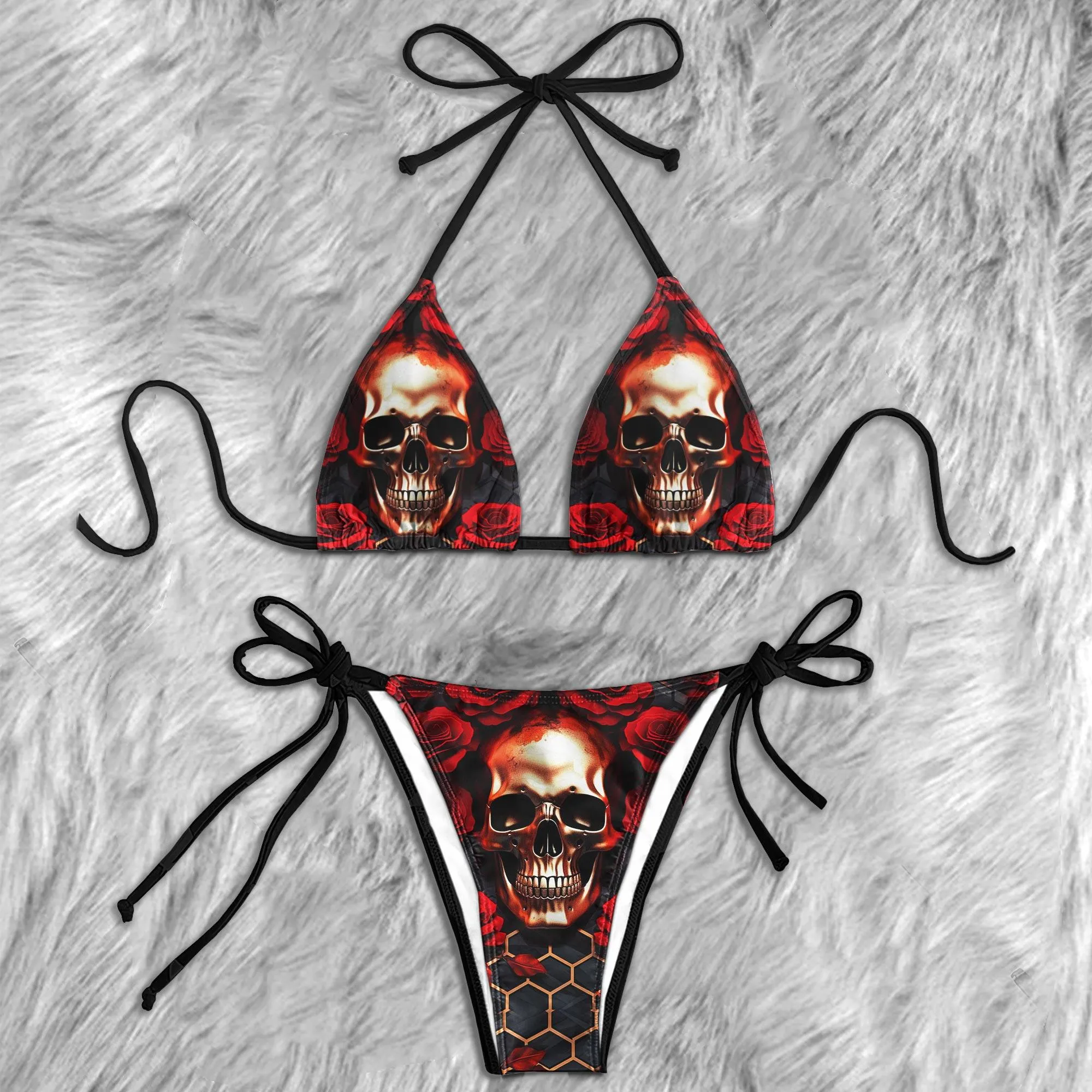 Red Abstract Skull Rose Micro Triangle Bikini Swimsuit