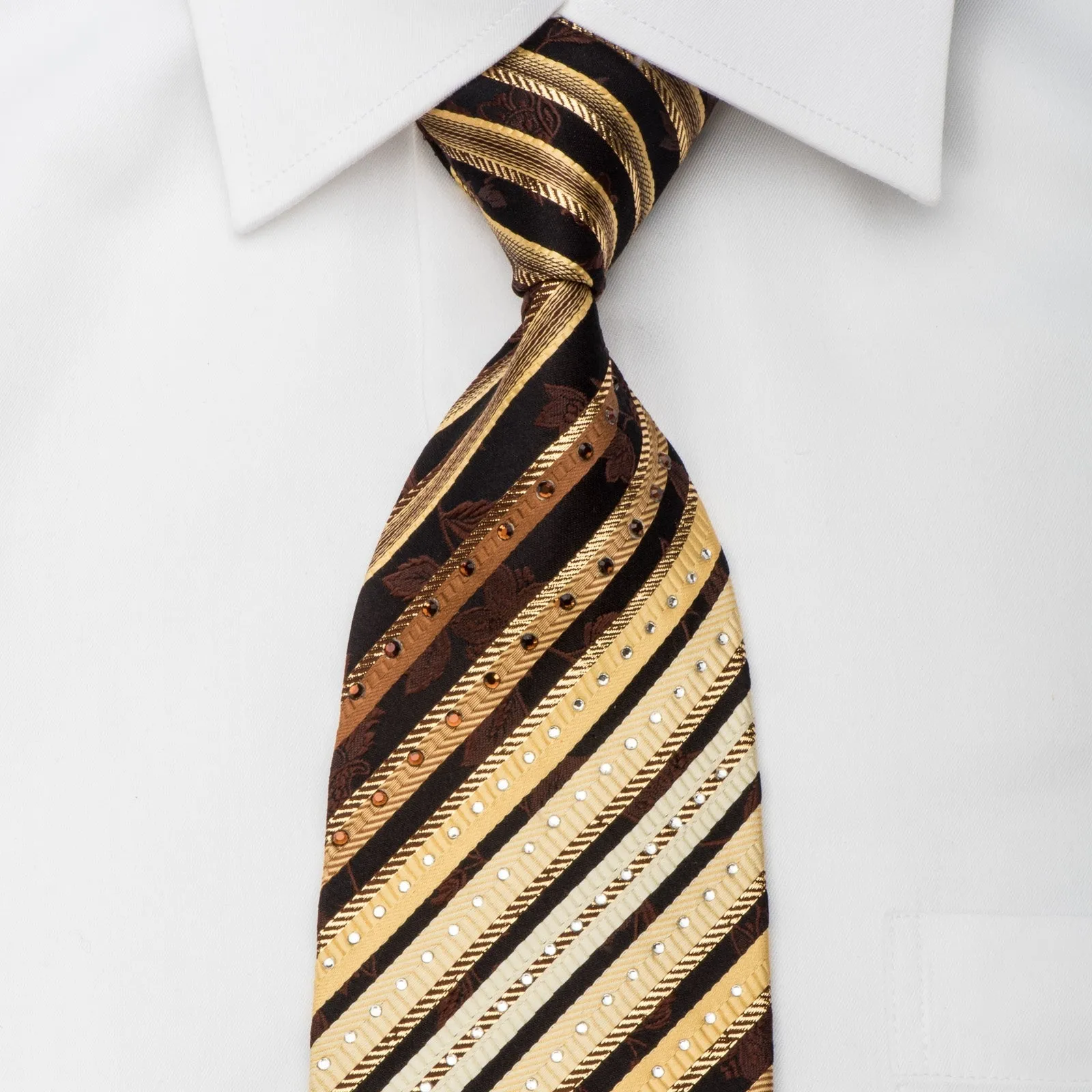 Remizio Rhinestone Silk Necktie Golden Stripes & Floral On Dark Brown With Gold Sparkles
