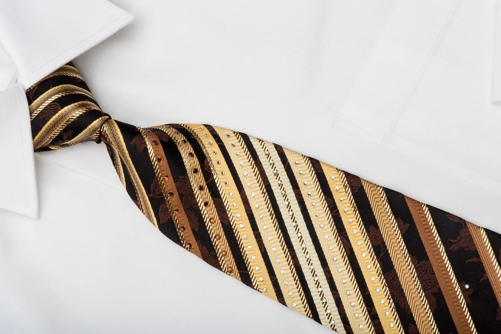 Remizio Rhinestone Silk Necktie Golden Stripes & Floral On Dark Brown With Gold Sparkles