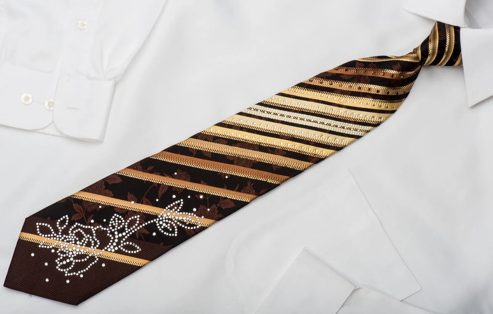 Remizio Rhinestone Silk Necktie Golden Stripes & Floral On Dark Brown With Gold Sparkles