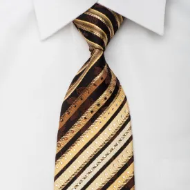 Remizio Rhinestone Silk Necktie Golden Stripes & Floral On Dark Brown With Gold Sparkles