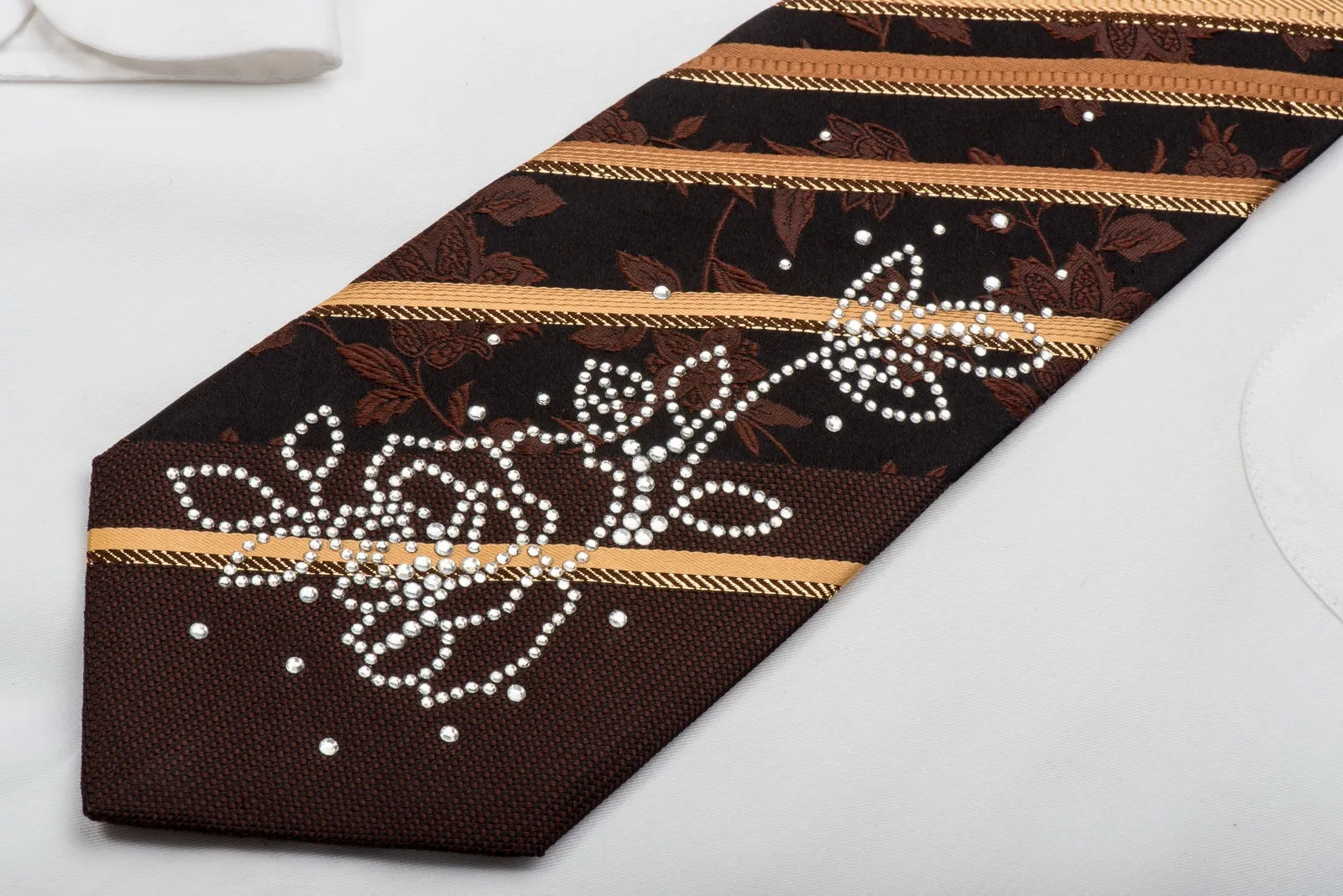 Remizio Rhinestone Silk Necktie Golden Stripes & Floral On Dark Brown With Gold Sparkles