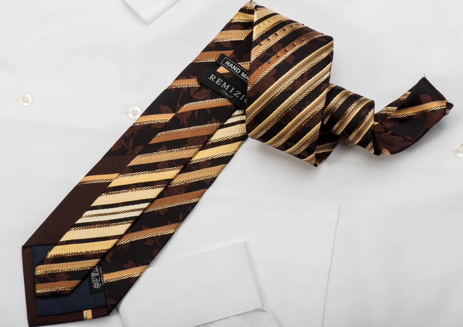 Remizio Rhinestone Silk Necktie Golden Stripes & Floral On Dark Brown With Gold Sparkles