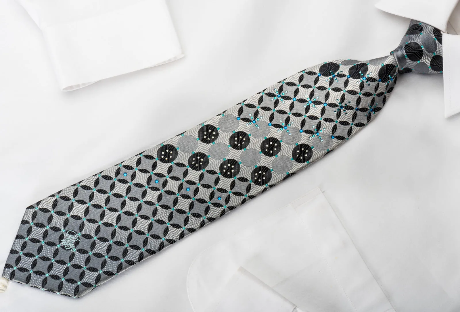 Renoma Rhinestone Necktie Silver Geometric On Black With Silver Sparkles