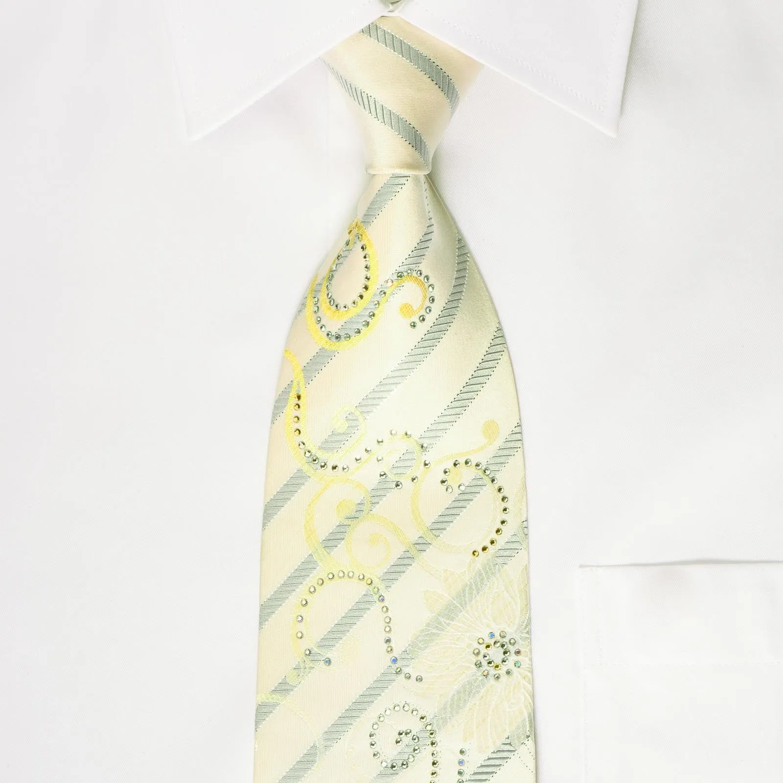 Roberta di Camerino Silk Rhinestone Tie Stripes & Floral On Cream