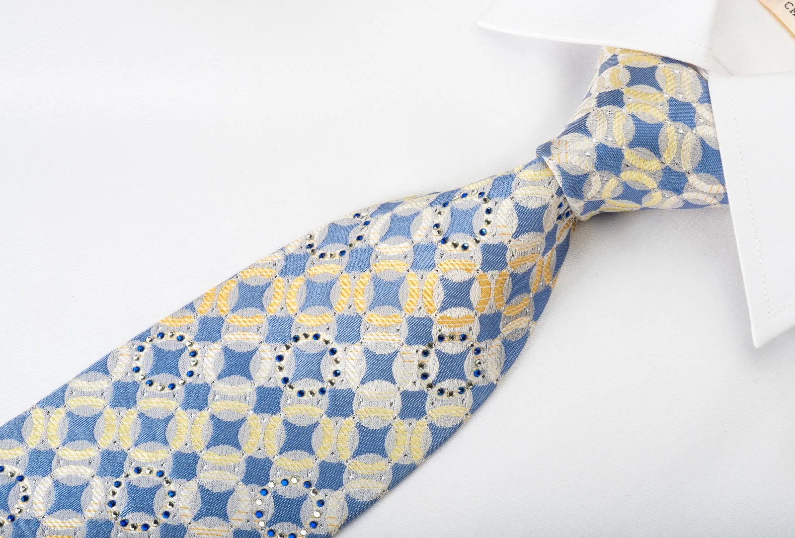 Rogers Dail Rhinestone Silk Necktie Geometric Dots On Blue With Silver Sparkles