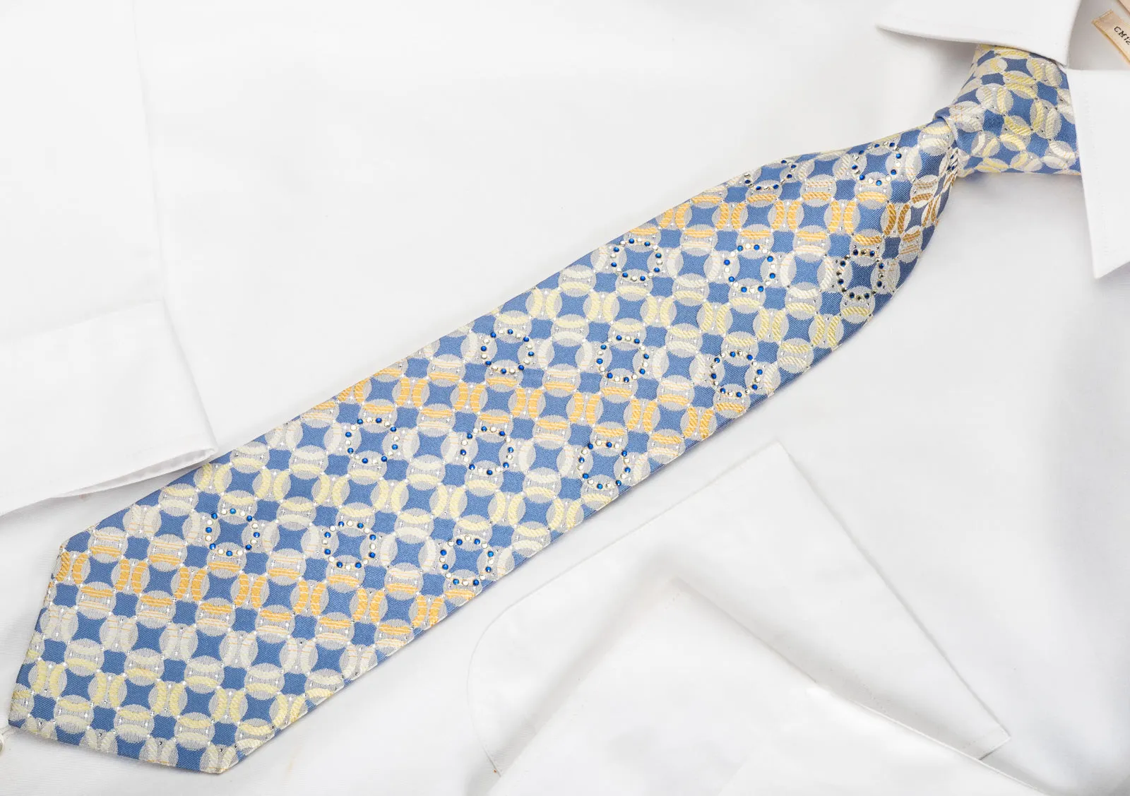 Rogers Dail Rhinestone Silk Necktie Geometric Dots On Blue With Silver Sparkles