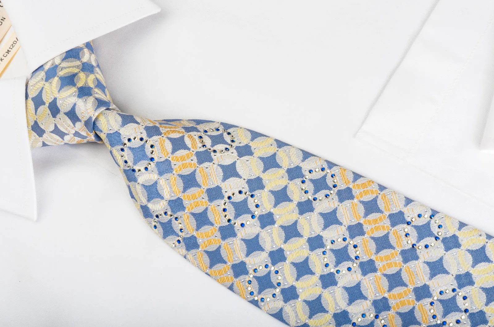 Rogers Dail Rhinestone Silk Necktie Geometric Dots On Blue With Silver Sparkles
