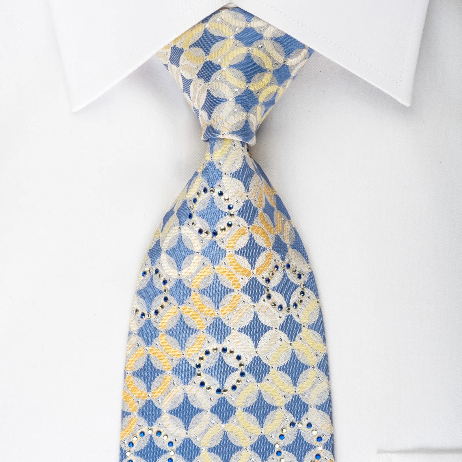 Rogers Dail Rhinestone Silk Necktie Geometric Dots On Blue With Silver Sparkles