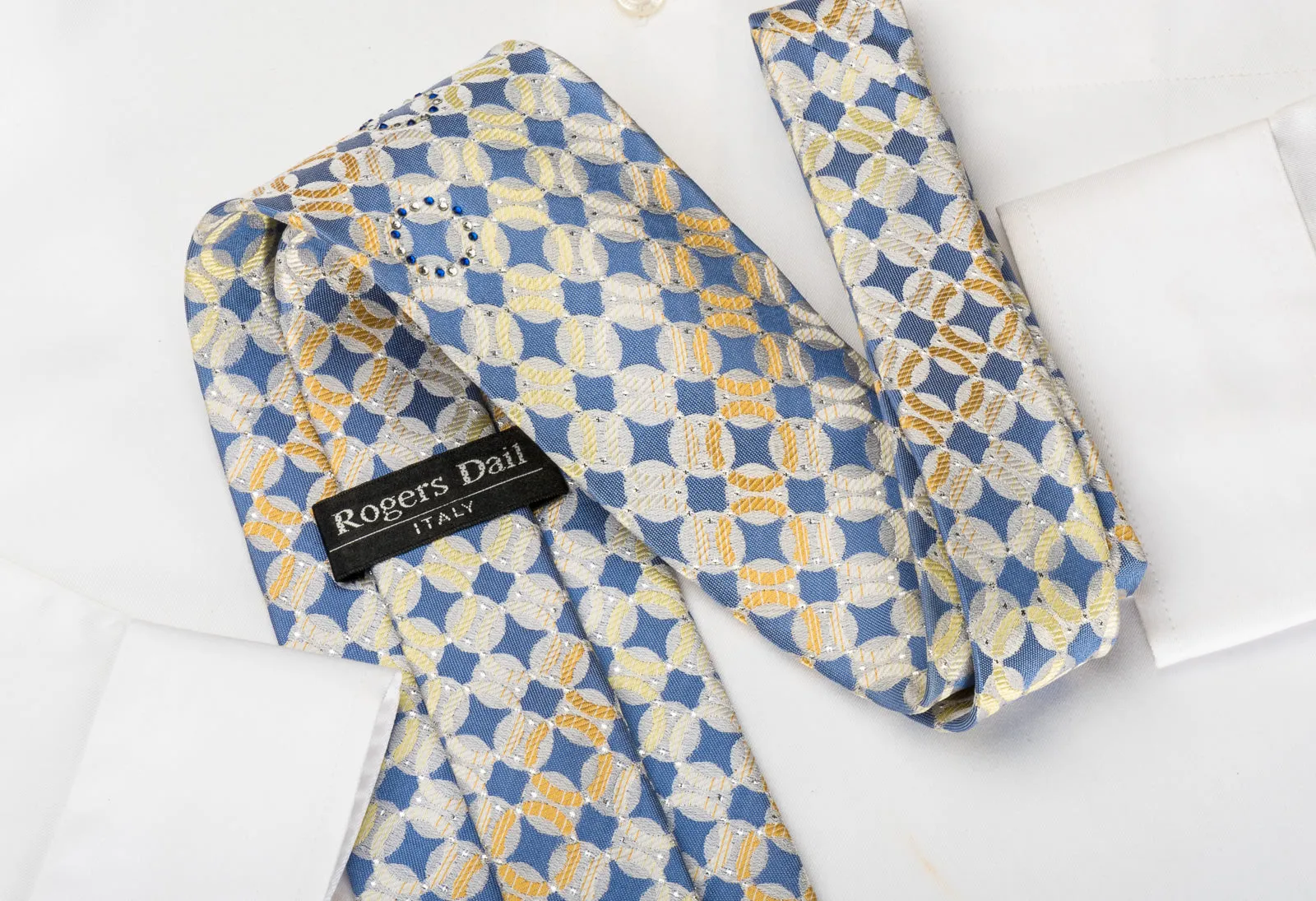Rogers Dail Rhinestone Silk Necktie Geometric Dots On Blue With Silver Sparkles