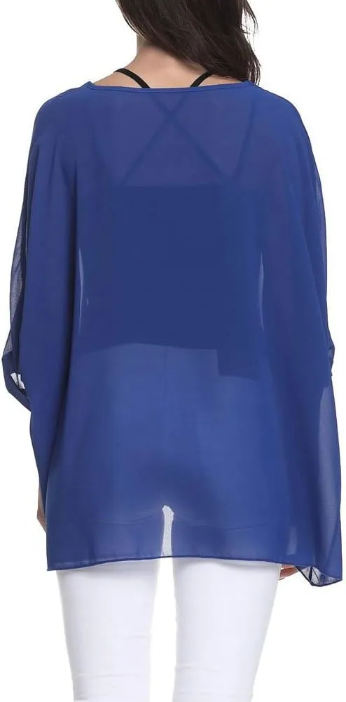 Rokou Women Chiffon Blouse Floral Batwing Sleeve Beach Cover Loose Tunic Shirt Tops