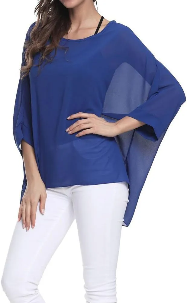 Rokou Women Chiffon Blouse Floral Batwing Sleeve Beach Cover Loose Tunic Shirt Tops