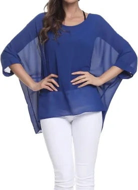 Rokou Women Chiffon Blouse Floral Batwing Sleeve Beach Cover Loose Tunic Shirt Tops