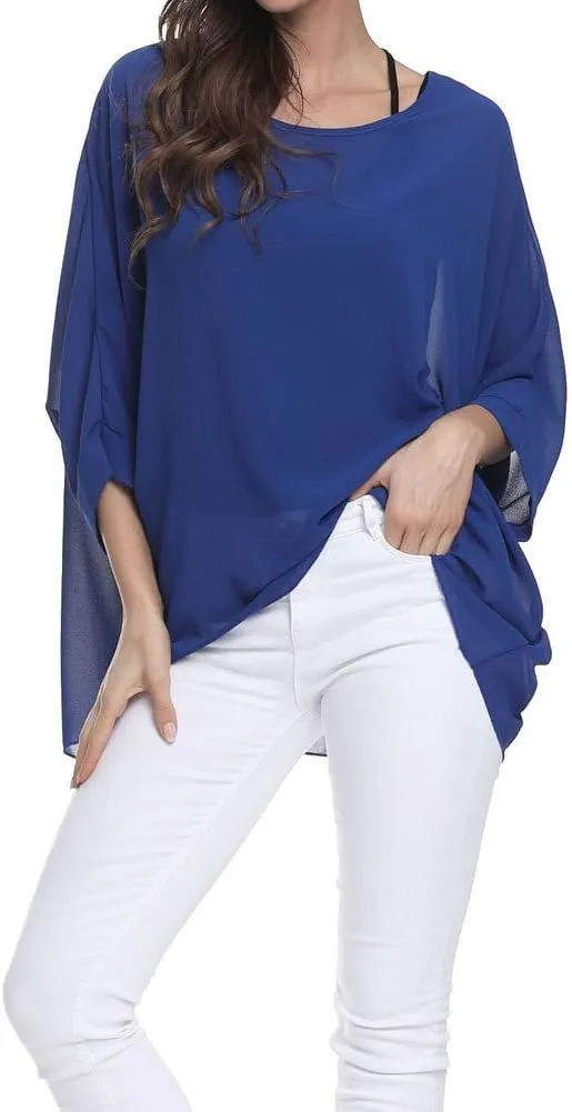 Rokou Women Chiffon Blouse Floral Batwing Sleeve Beach Cover Loose Tunic Shirt Tops