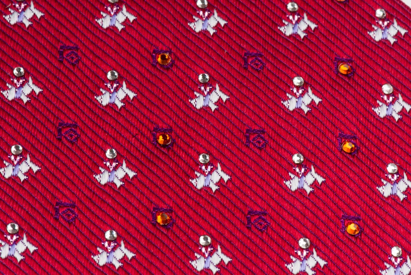 Scottie Dog Silk Neck Tie With Rhinestones Silver Scotty Dog On Burgundy